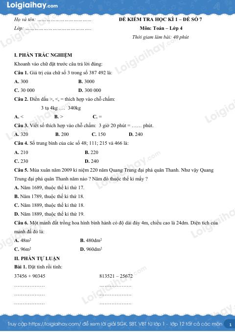 Đề số 7 - Đề kiểm tra học kì 1 - Toán lớp 4